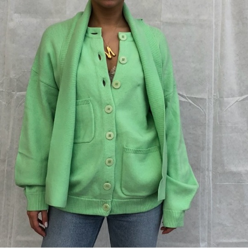 Tibi Green Merino Wool Cardigan